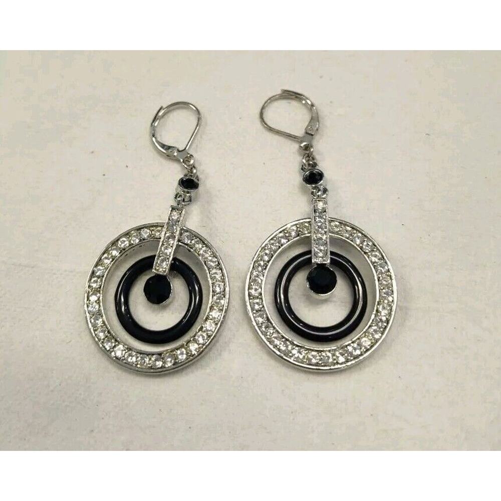 JOAN RIVERS Dangle Earrings 2" Drop Black Circle Inside Crystal Circle Leverback